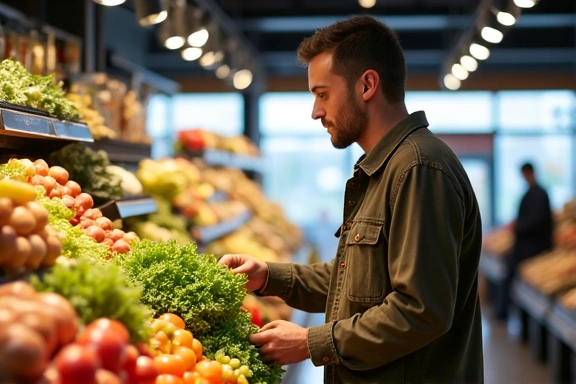 Tudatos vásárló a szupermarketben, friss termékeket választva.