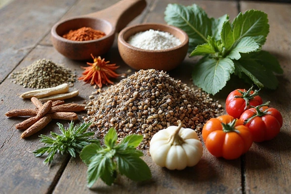 Különböző gyógynövények és fűszerek egy fűszeres pulton, ami a természetes gyógymódokat és az emésztés javítását sugallja.